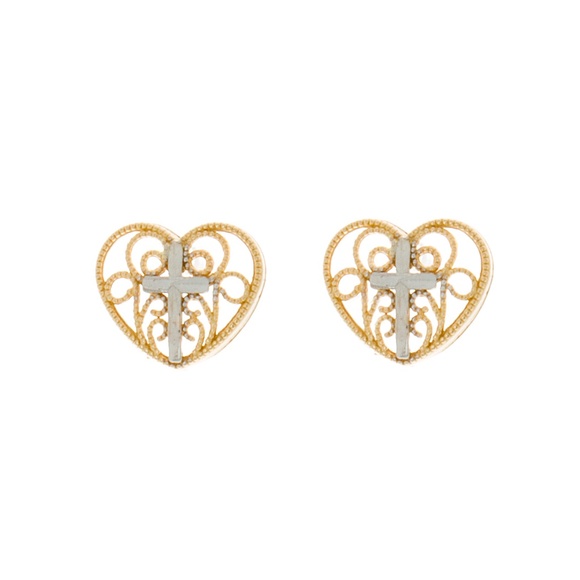 14k yellow Gold Filigree Heart, White Rhodium Cross Post Earrings with push back - Picture 2 of 6